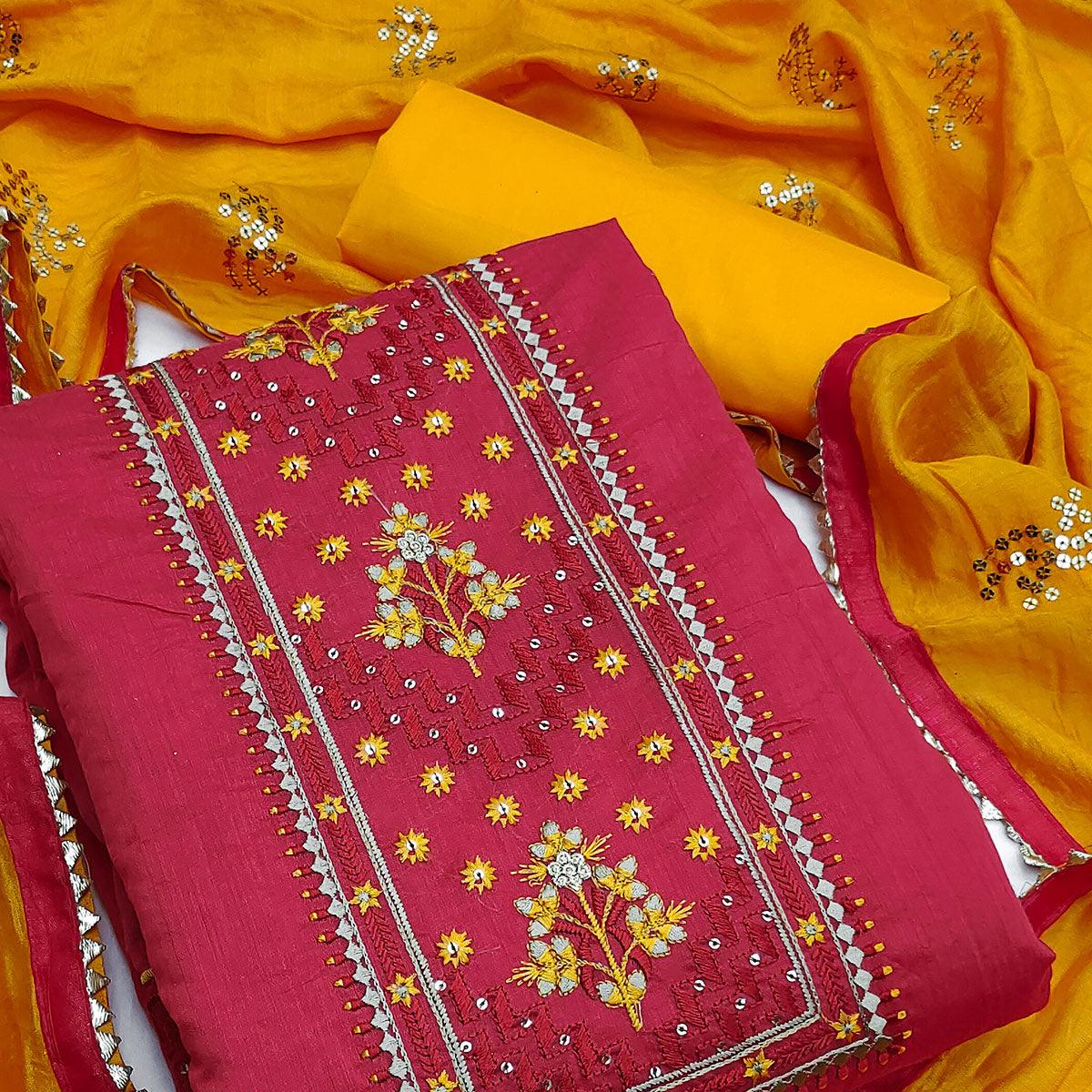 Red Festive Wear Sequence Embroidered Chanderi Dress Material - Peachmode