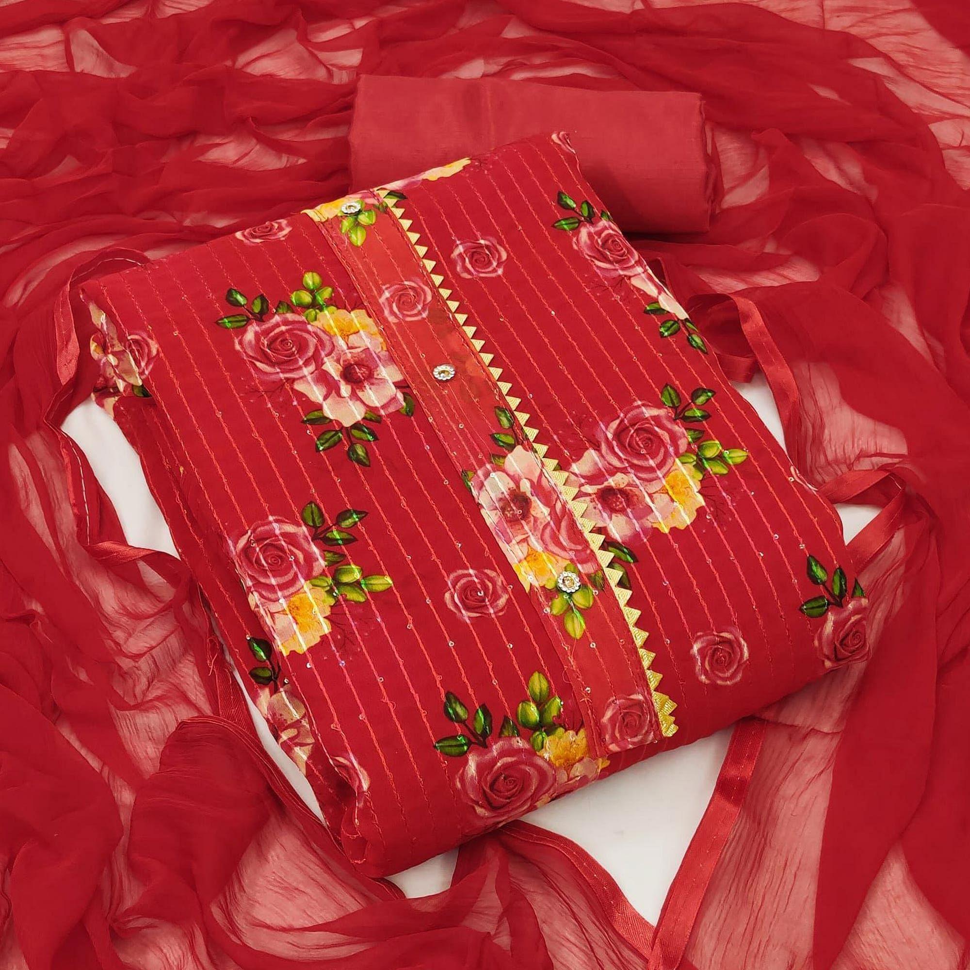 Red Festive Wear Sequence Embroidered Georgette Dress Material - Peachmode