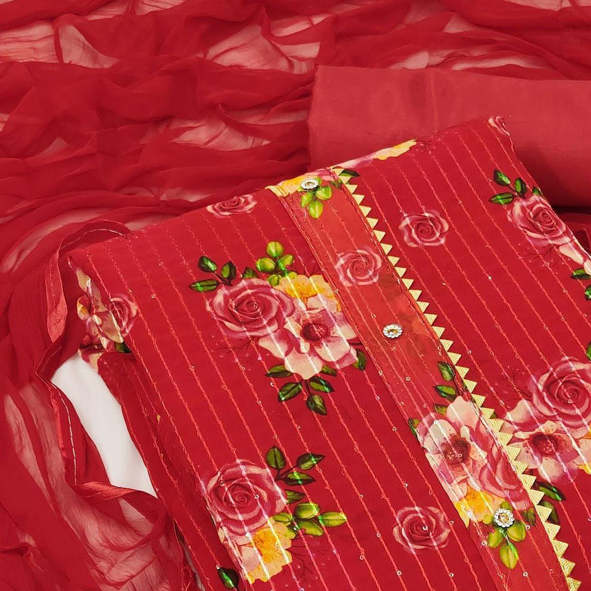 Red Festive Wear Sequence Embroidered Georgette Dress Material - Peachmode