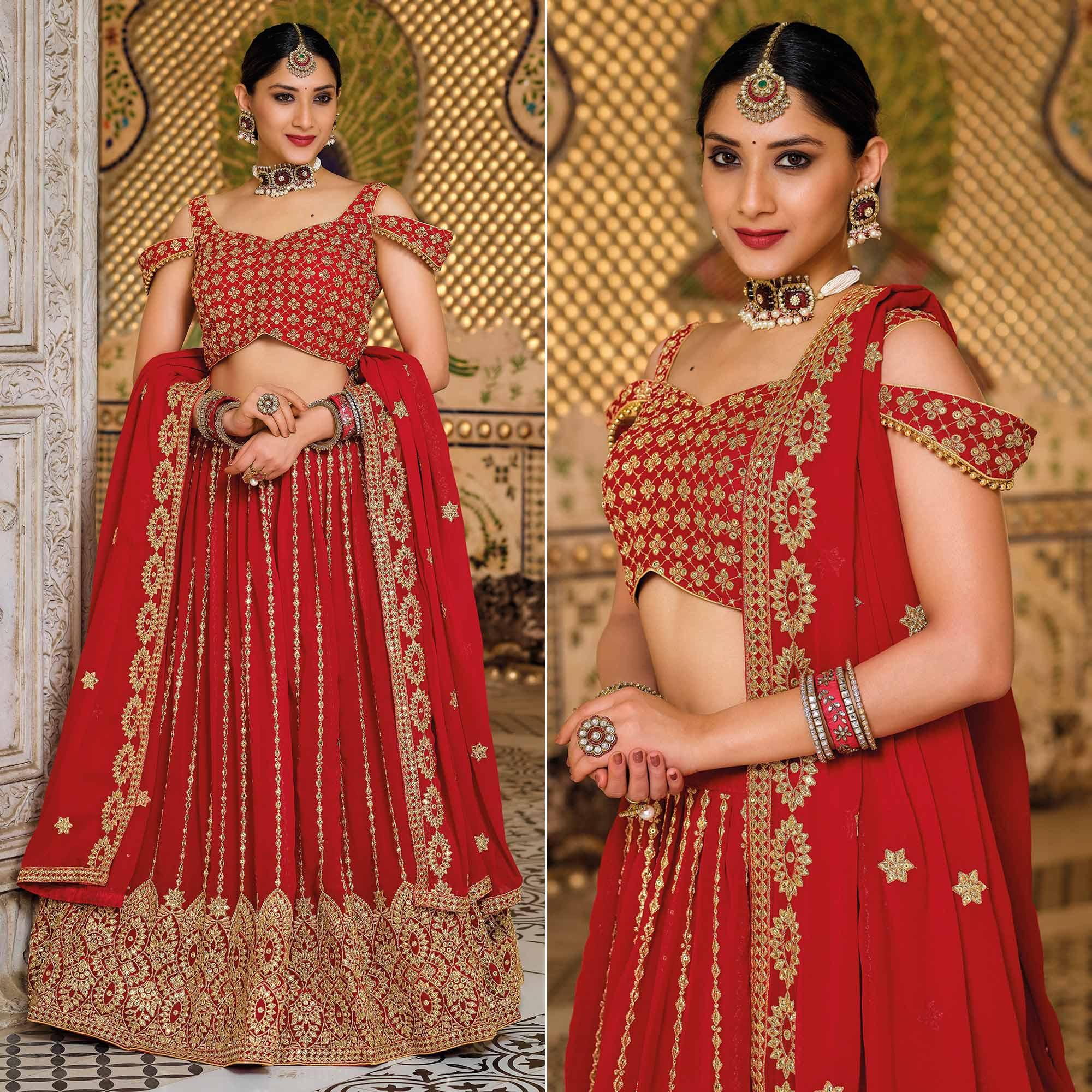 Red Festive Wear Sequence Embroidered Georgette Lehenga Choli - Peachmode