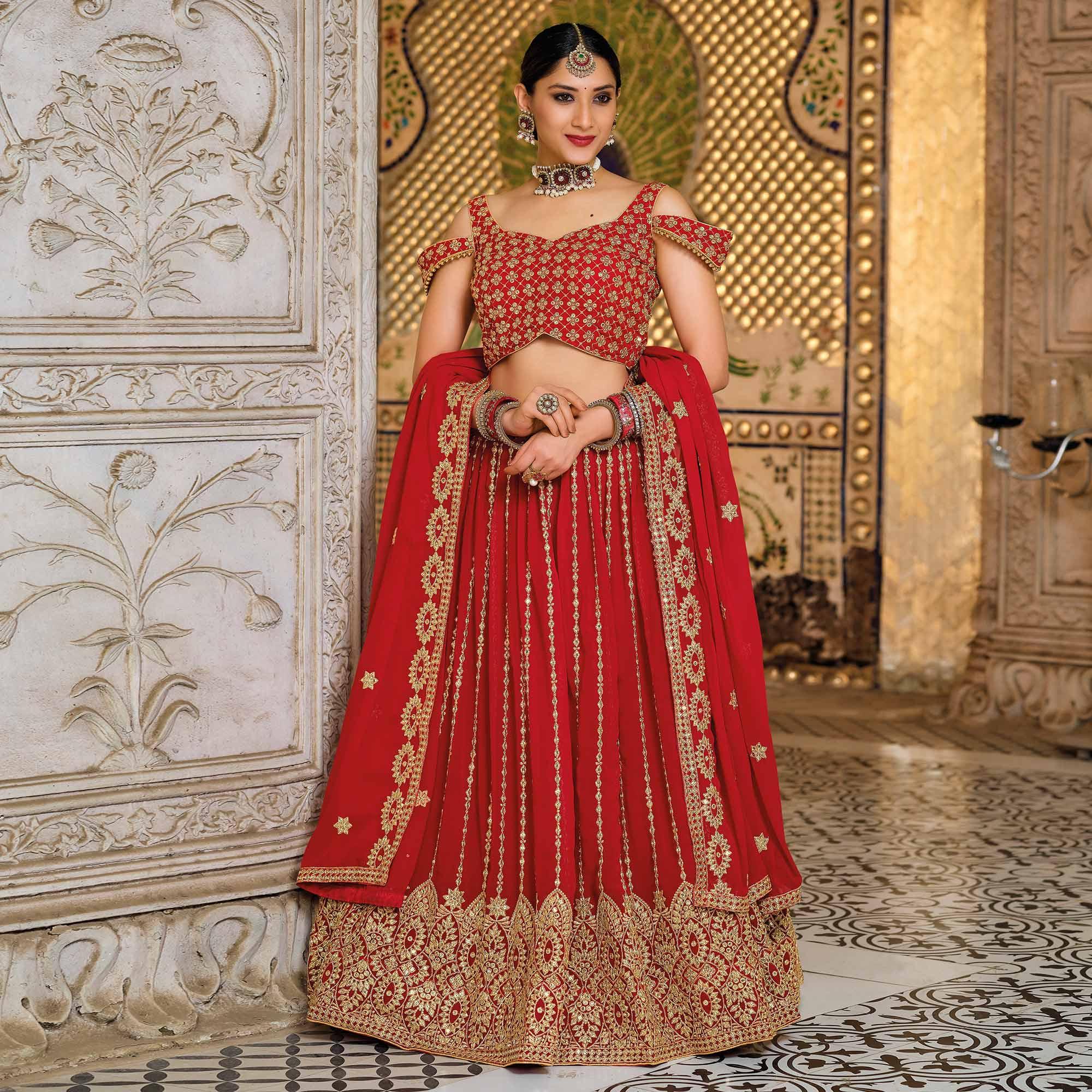 Red Festive Wear Sequence Embroidered Georgette Lehenga Choli - Peachmode