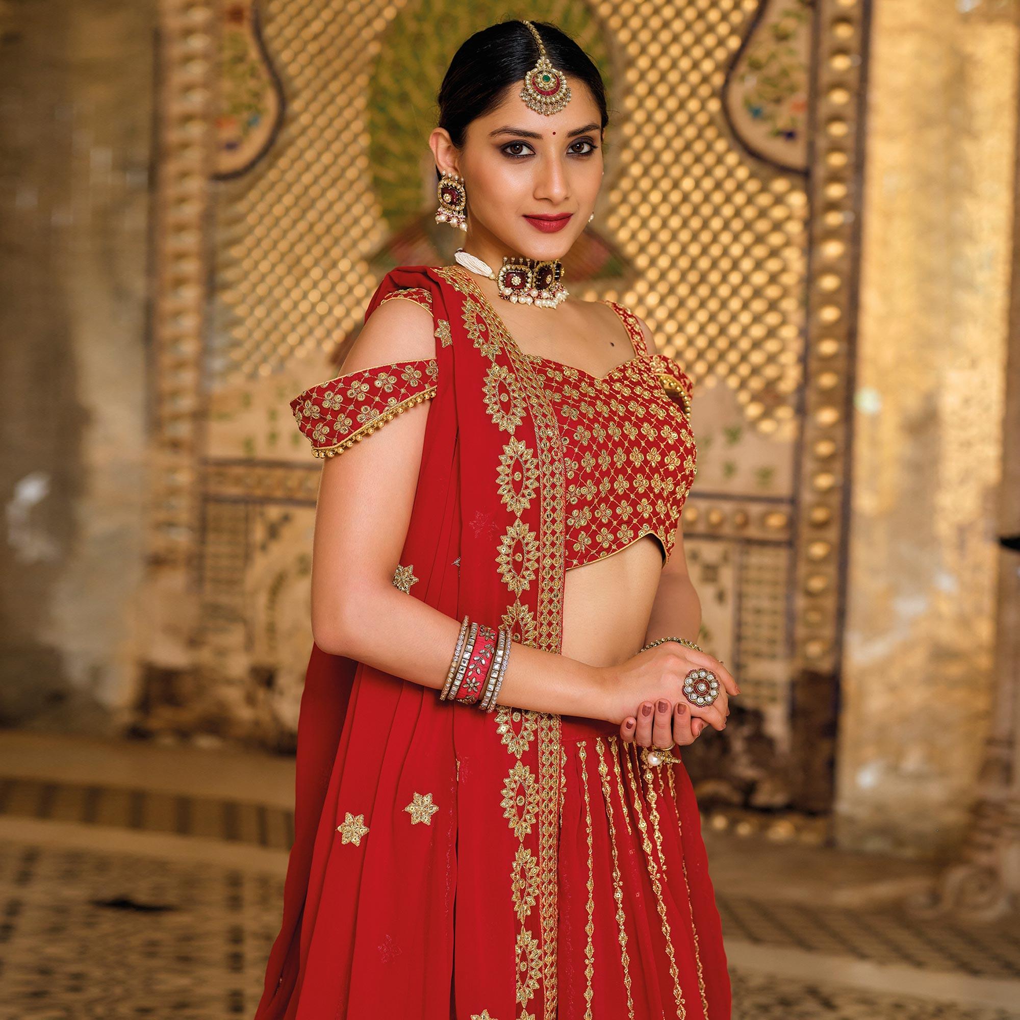 Red Festive Wear Sequence Embroidered Georgette Lehenga Choli - Peachmode