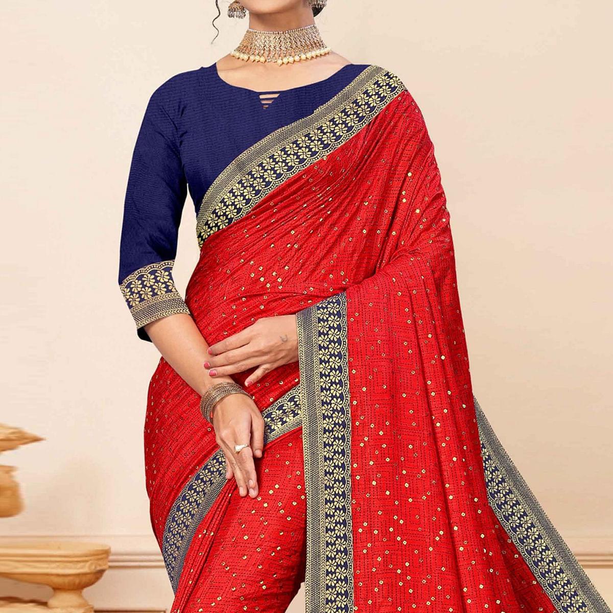 Red Festive Wear Sequence Embroidered Vichitra Silk Saree - Peachmode