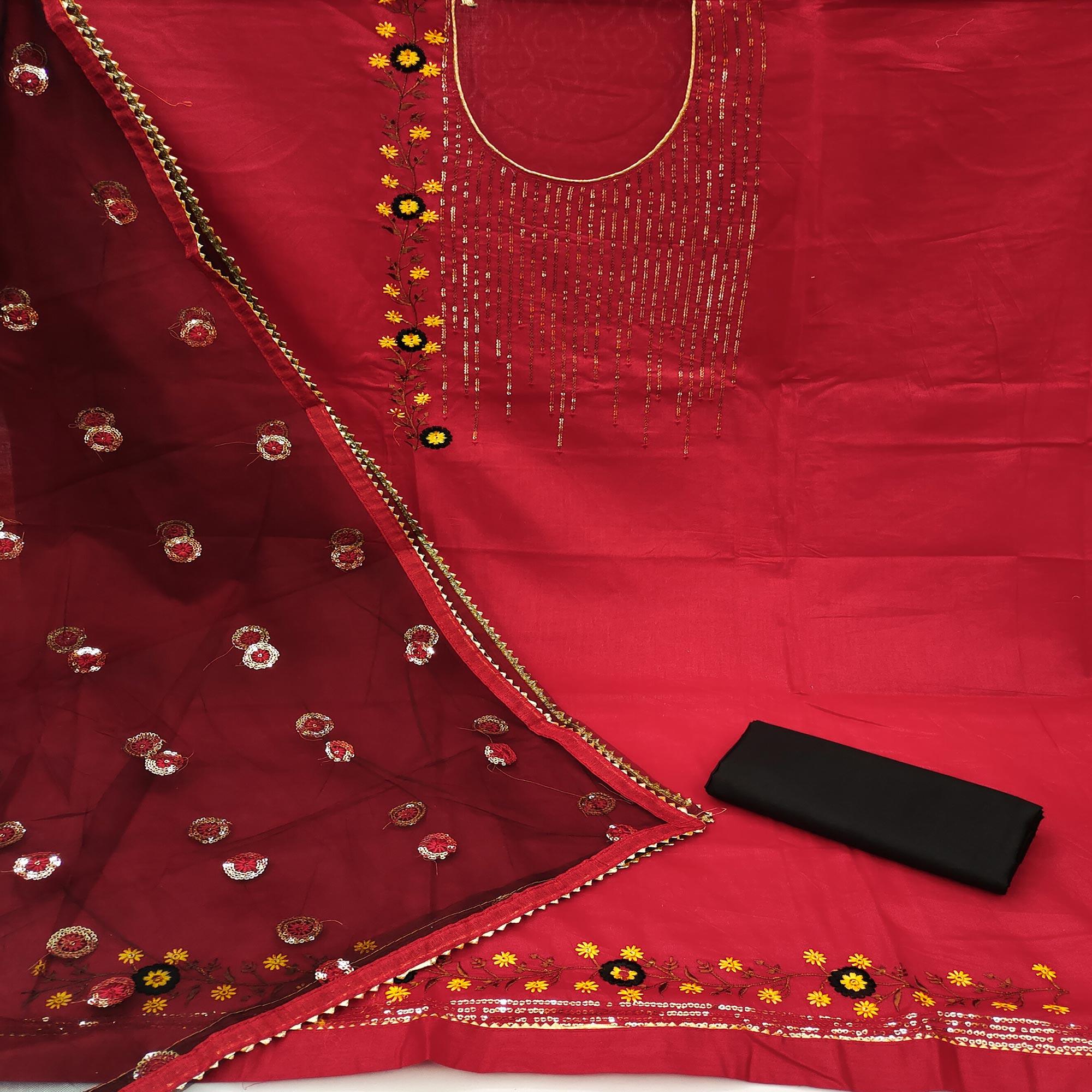 Red Festive Wear Sequence With Floral Embroidered Cotton Dress Material - Peachmode