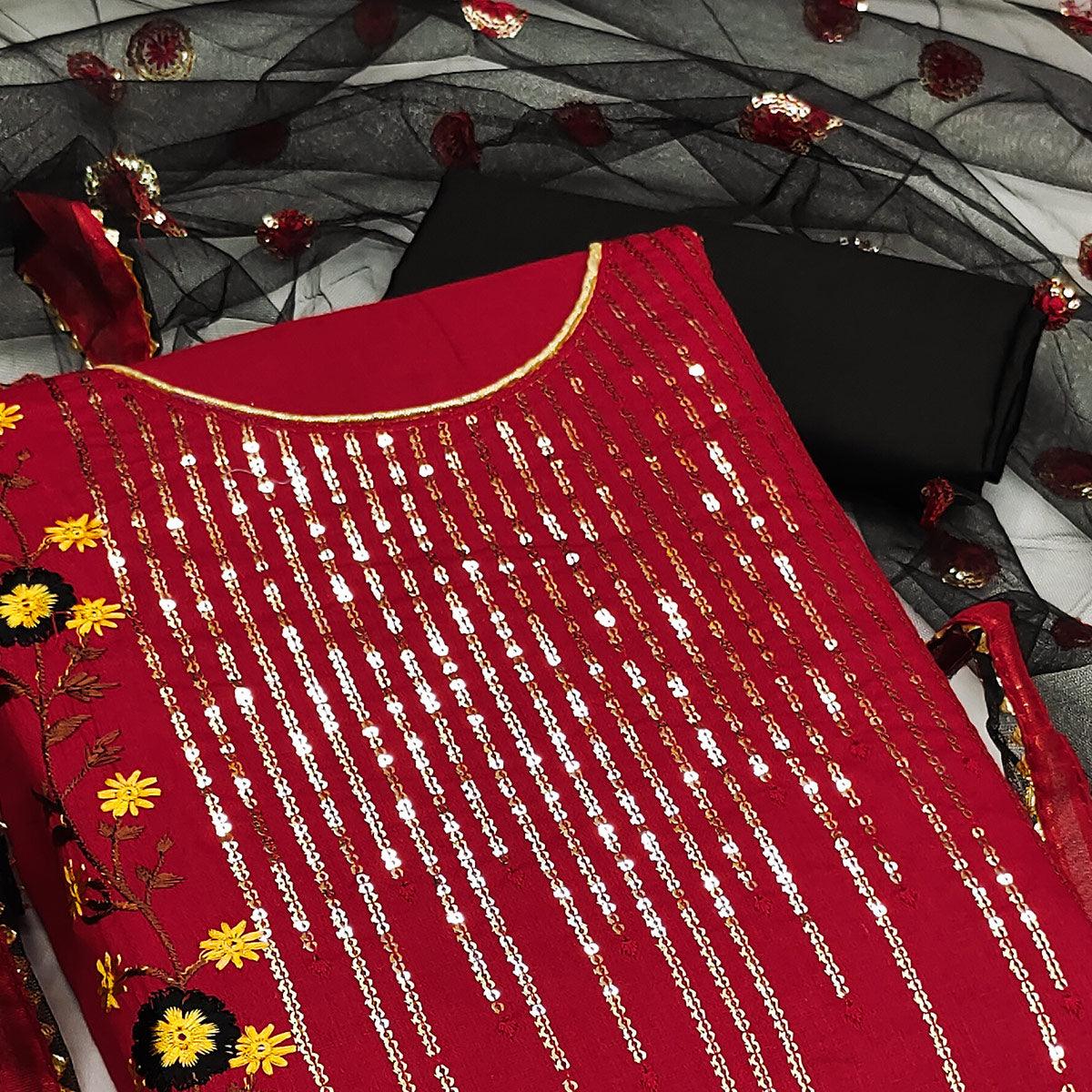 Red Festive Wear Sequence With Floral Embroidered Cotton Dress Material - Peachmode