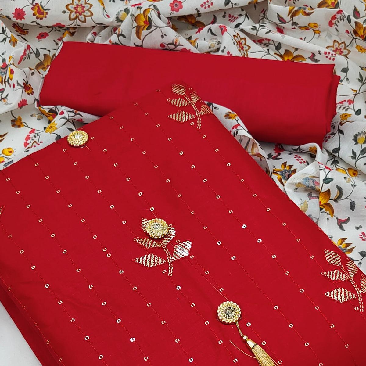Red Festive Wear Sequence Work Cotton Dress Material - Peachmode