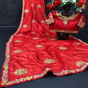 Red Festive Wear Sequence Work Silk Saree - Peachmode