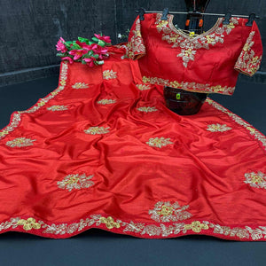 Red Festive Wear Sequence Work Silk Saree - Peachmode
