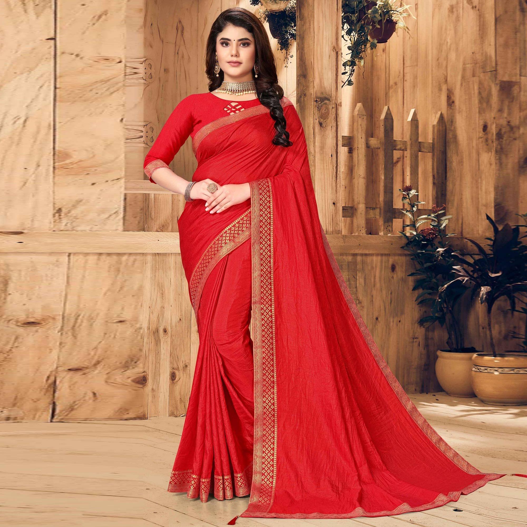 Red Festive Wear Solid Vichitra Silk Saree - Peachmode