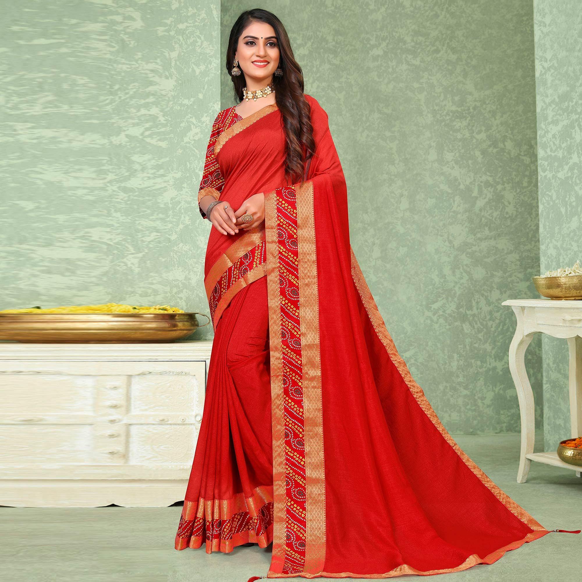 Red Festive Wear Solid Vichitra Silk Saree - Peachmode