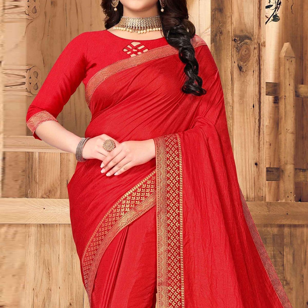 Red Festive Wear Solid Vichitra Silk Saree - Peachmode