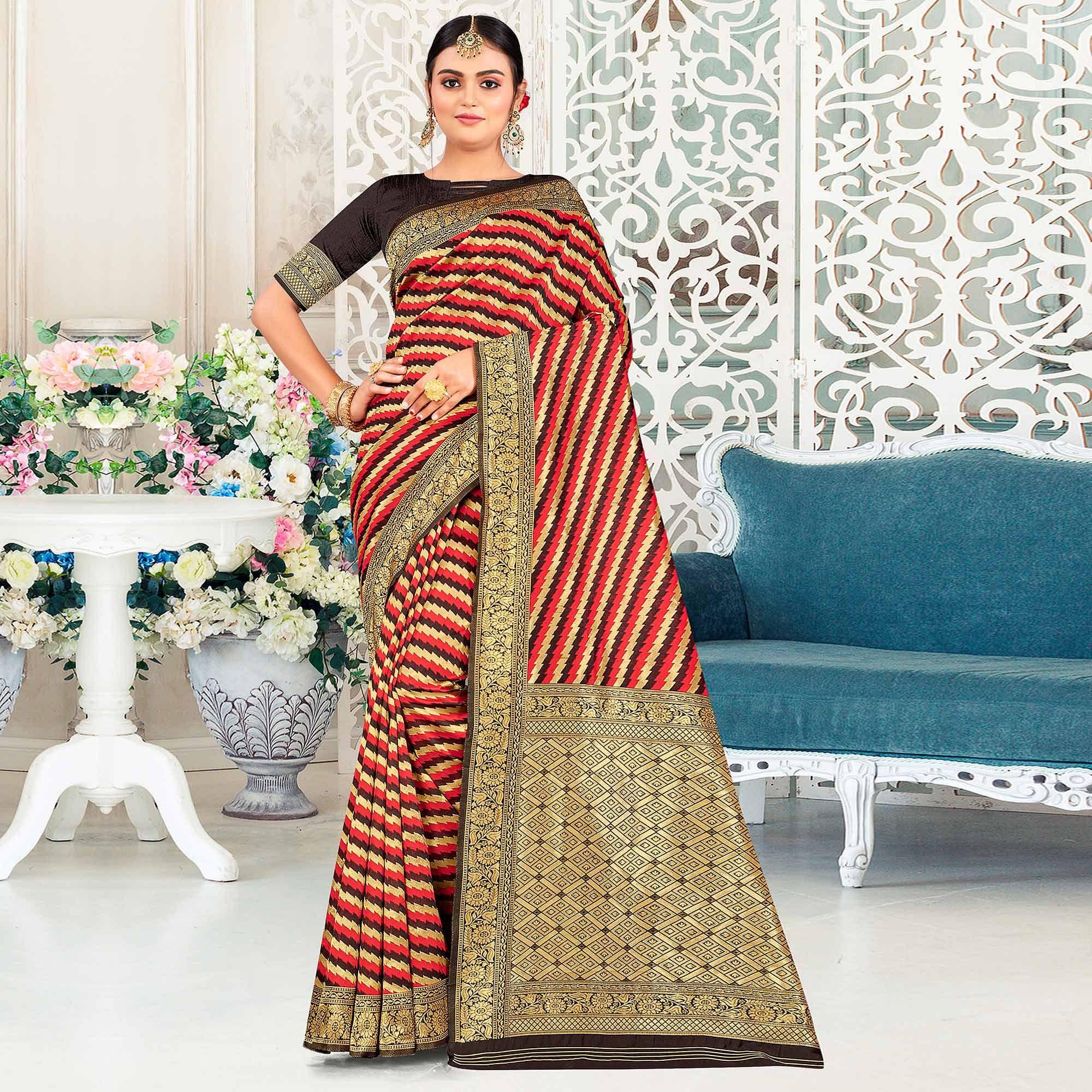 Red Festive Wear Stripe Printed Art Silk Saree - Peachmode