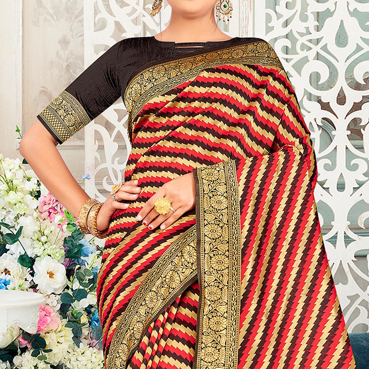 Red Festive Wear Stripe Printed Art Silk Saree - Peachmode