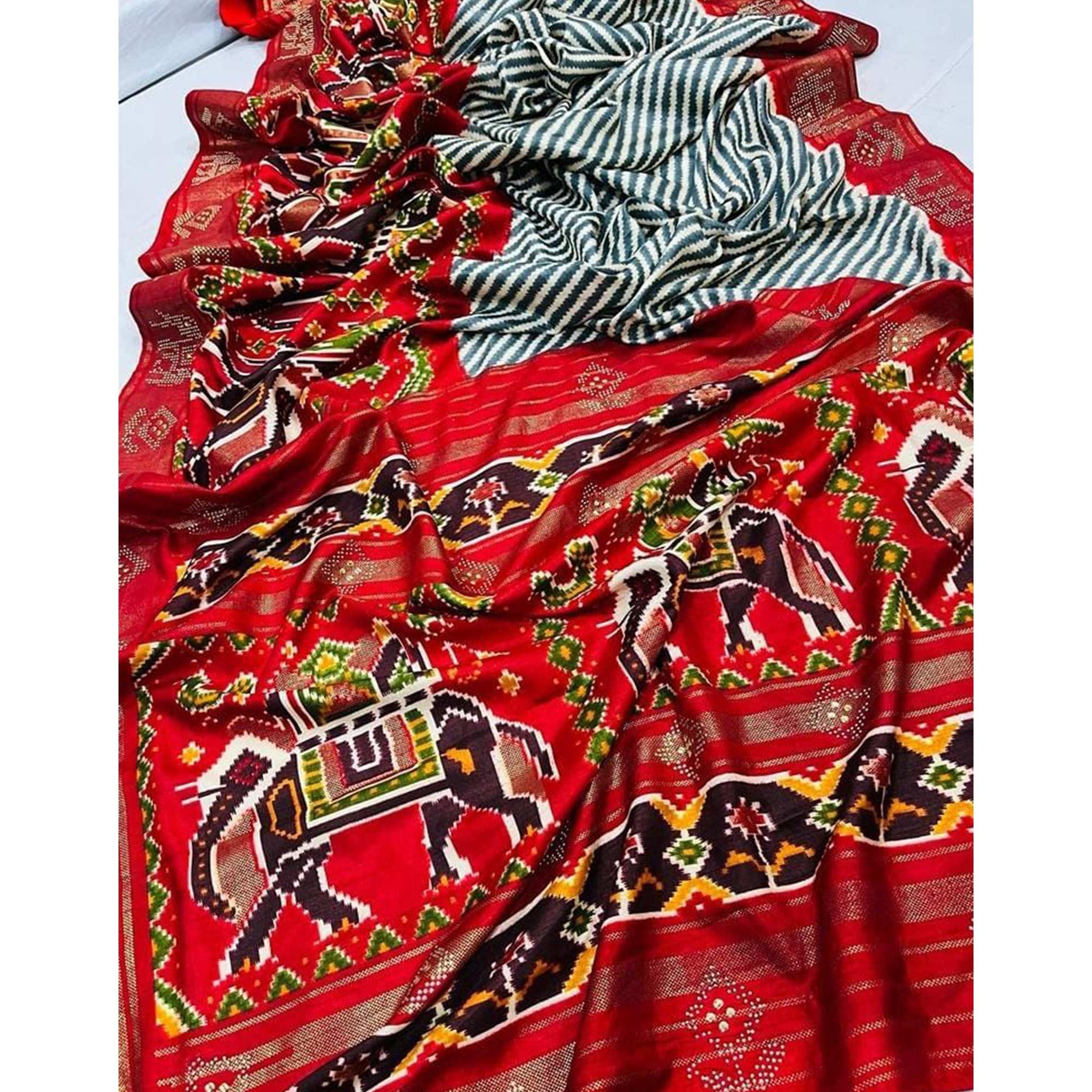 Red Festive Wear Striped Printed With Foil Border Dola Silk Saree - Peachmode