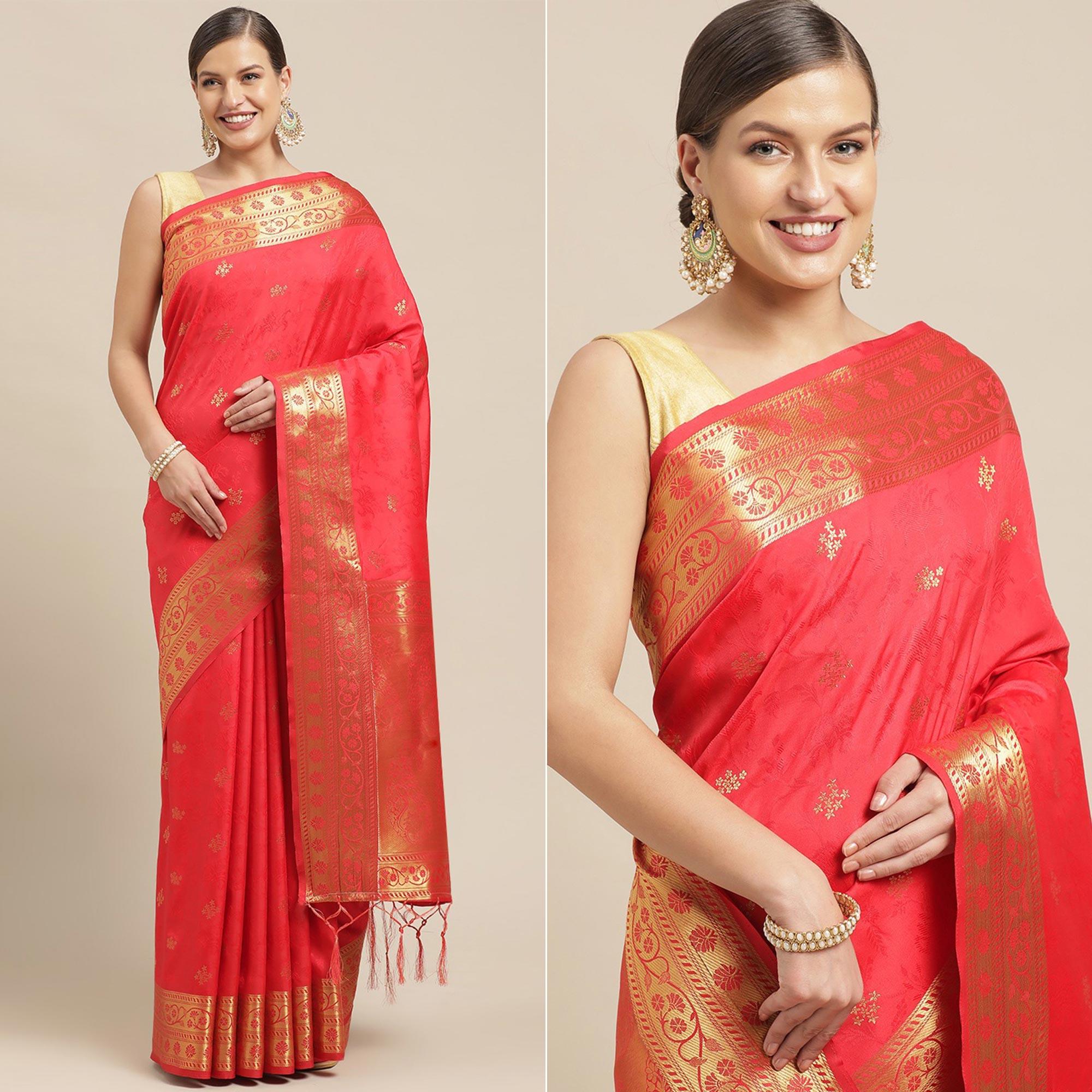 Red Festive Wear Weaving Banarasi Silk Saree - Peachmode