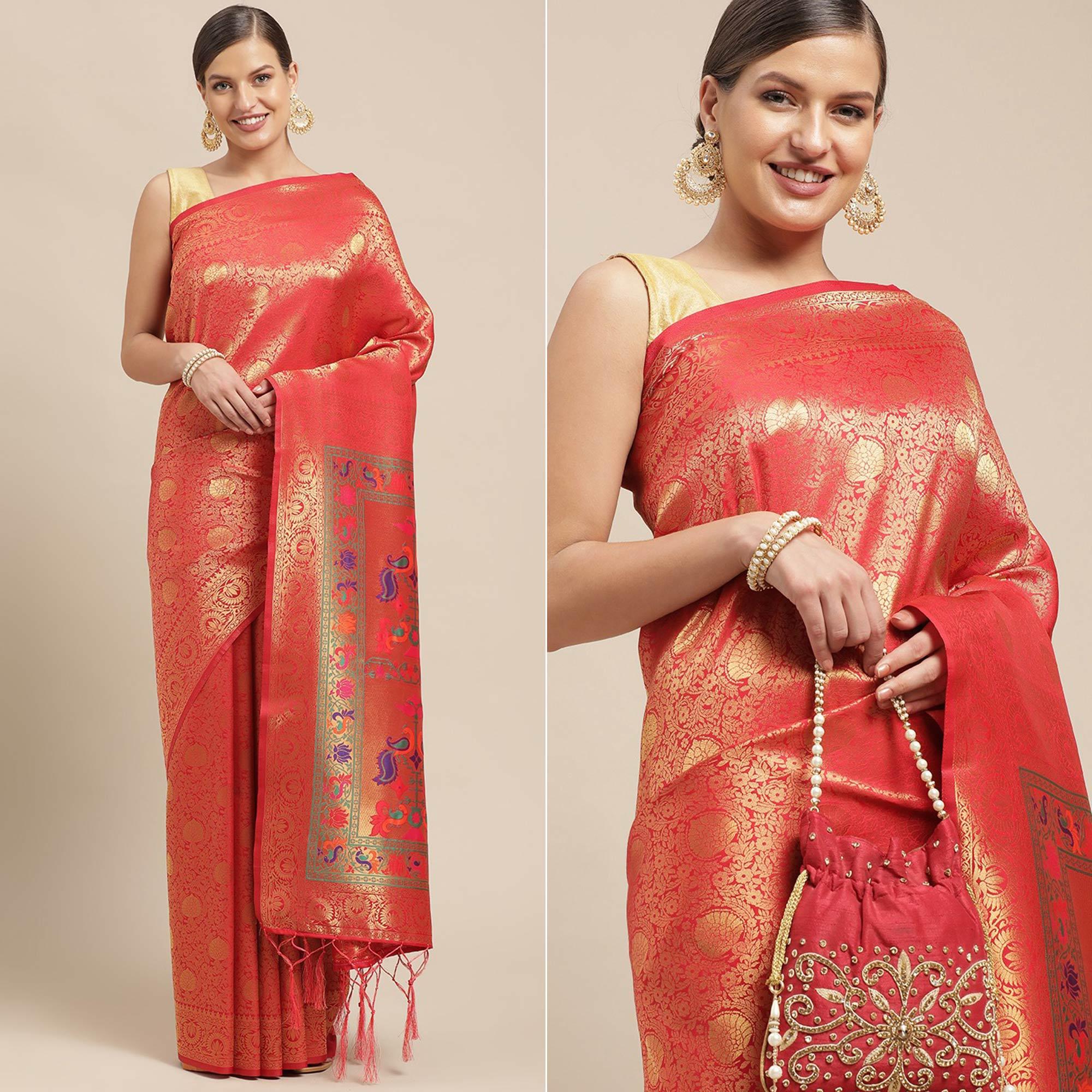 Red Festive Wear Weaving Kanjivaram Silk Saree - Peachmode