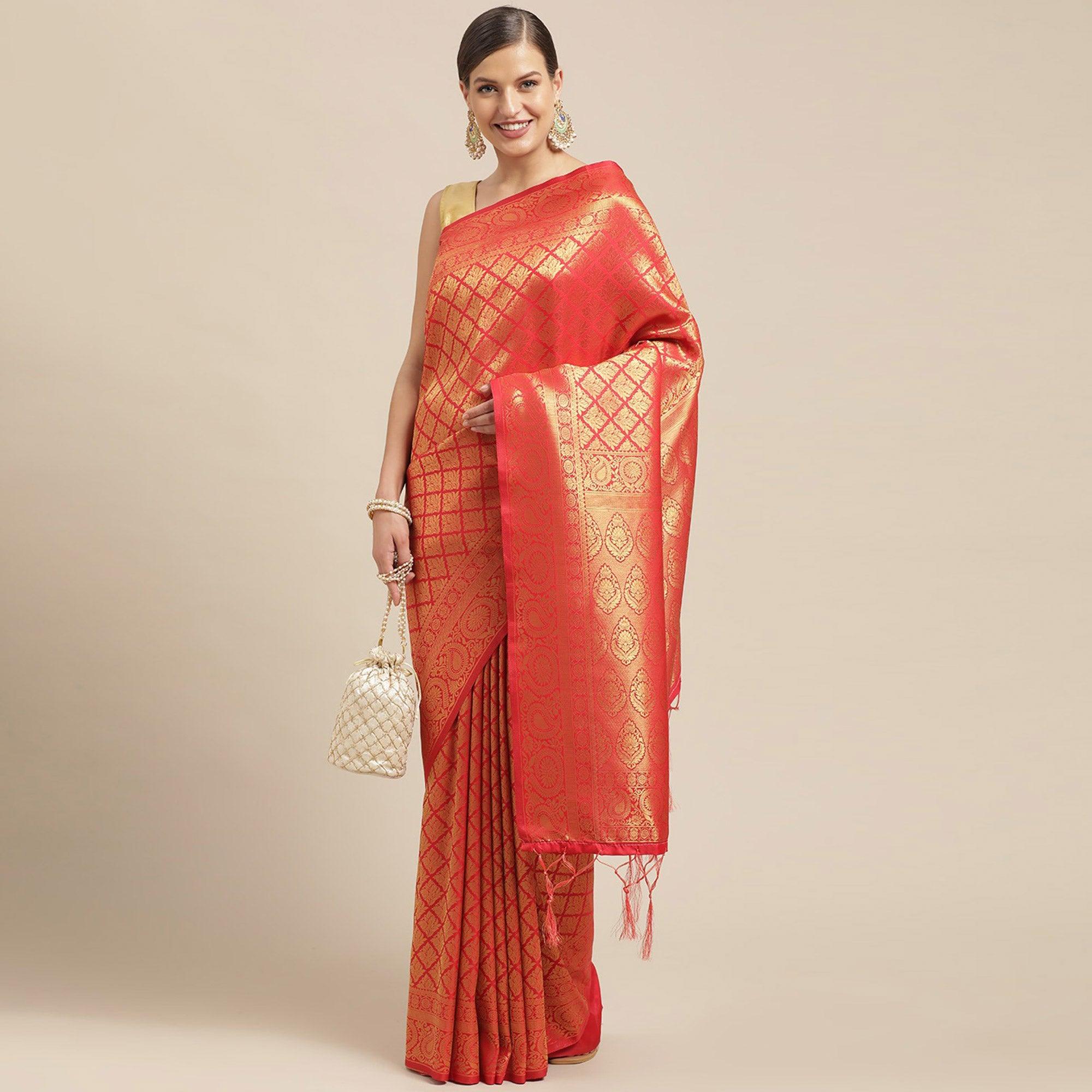 Red Festive Wear Weaving Kanjivaram Silk Saree - Peachmode