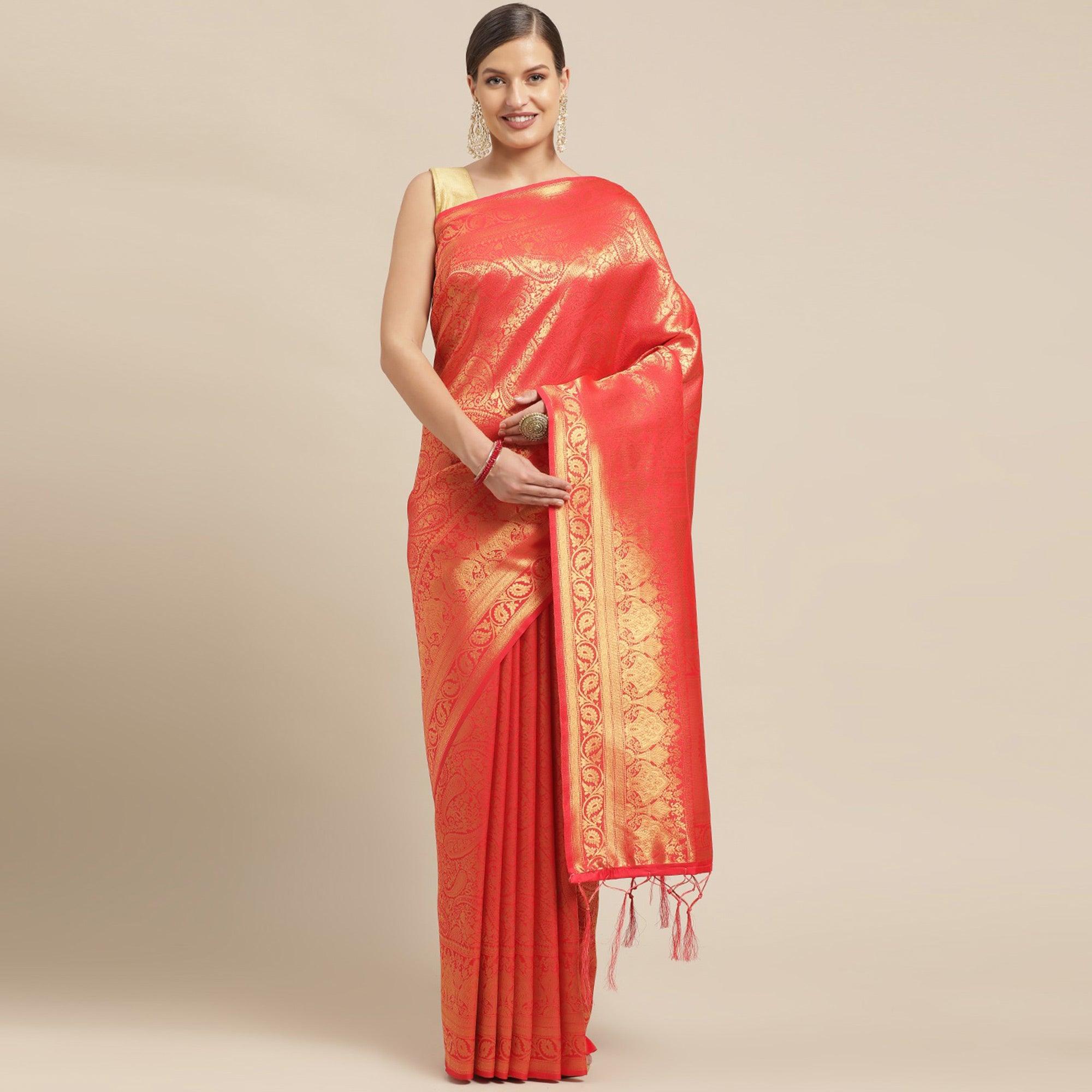 Red Festive Wear Weaving Kanjivaram Silk Saree - Peachmode