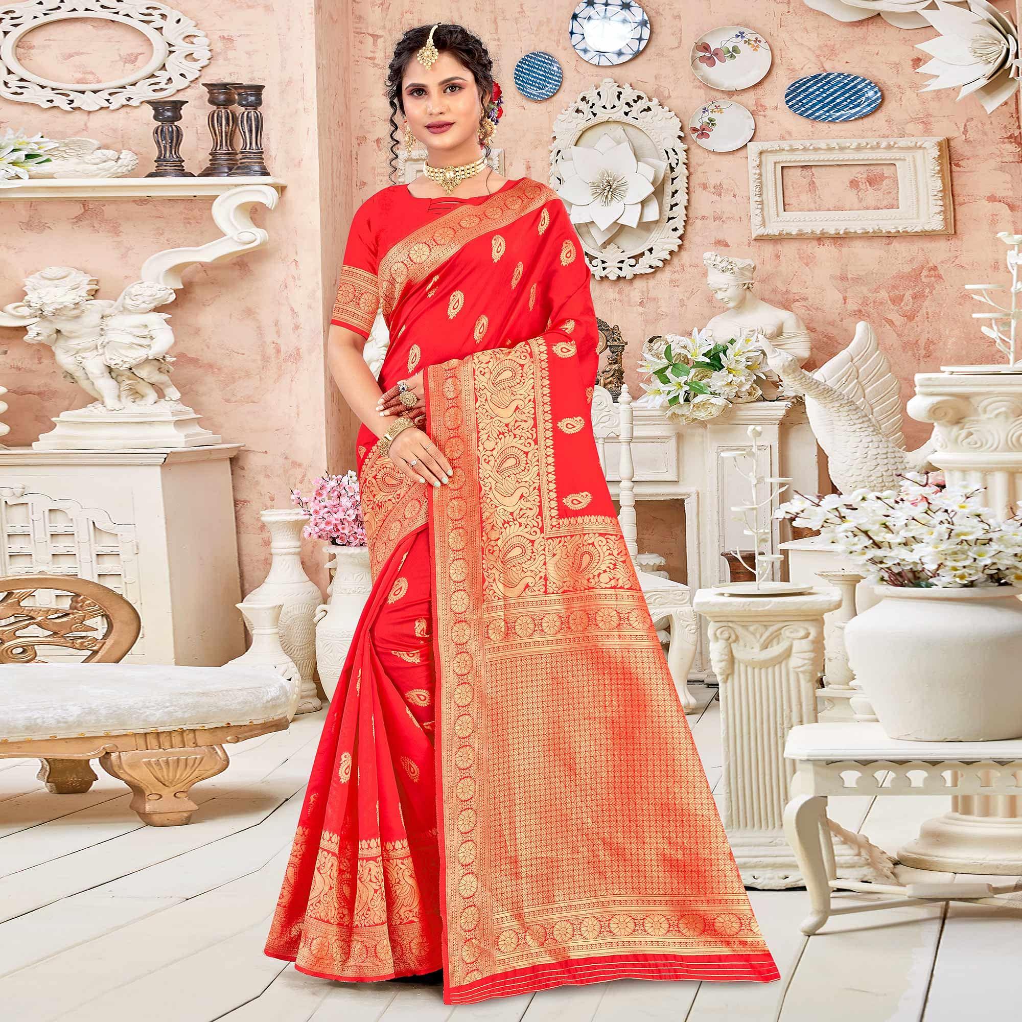 Red Festive Wear Woven Art Silk Sare - Peachmode