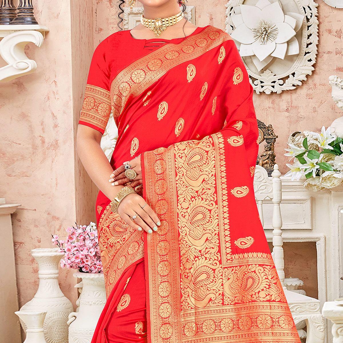 Red Festive Wear Woven Art Silk Sare - Peachmode