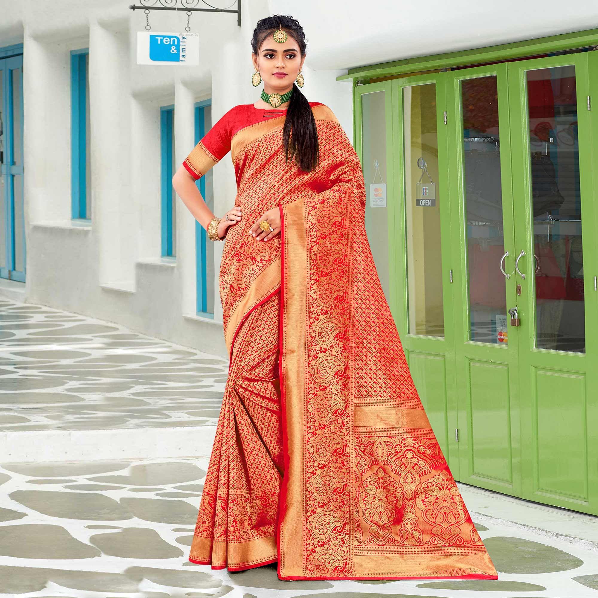 Red Festive Wear Woven Art Silk Saree - Peachmode