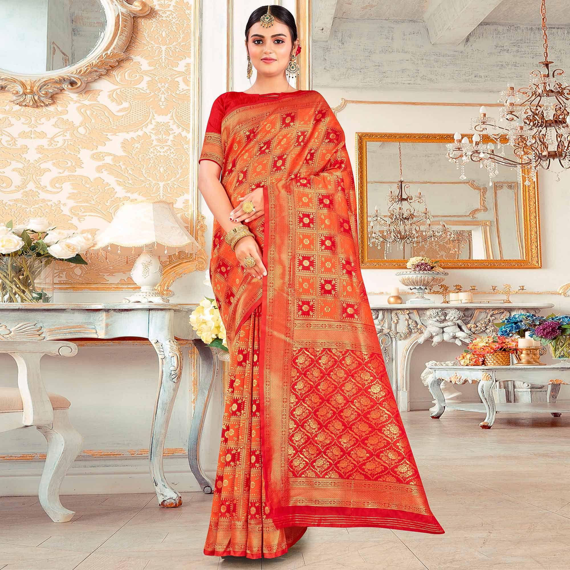 Red Festive Wear Woven Art Silk Saree - Peachmode
