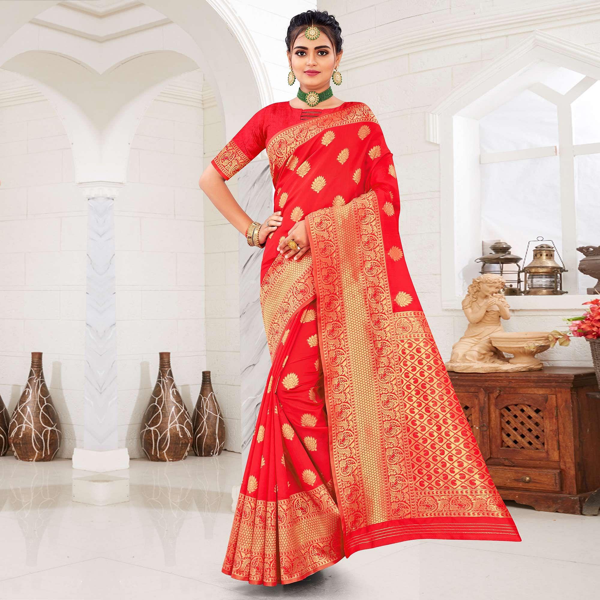 Red Festive Wear Woven Art Silk Saree - Peachmode