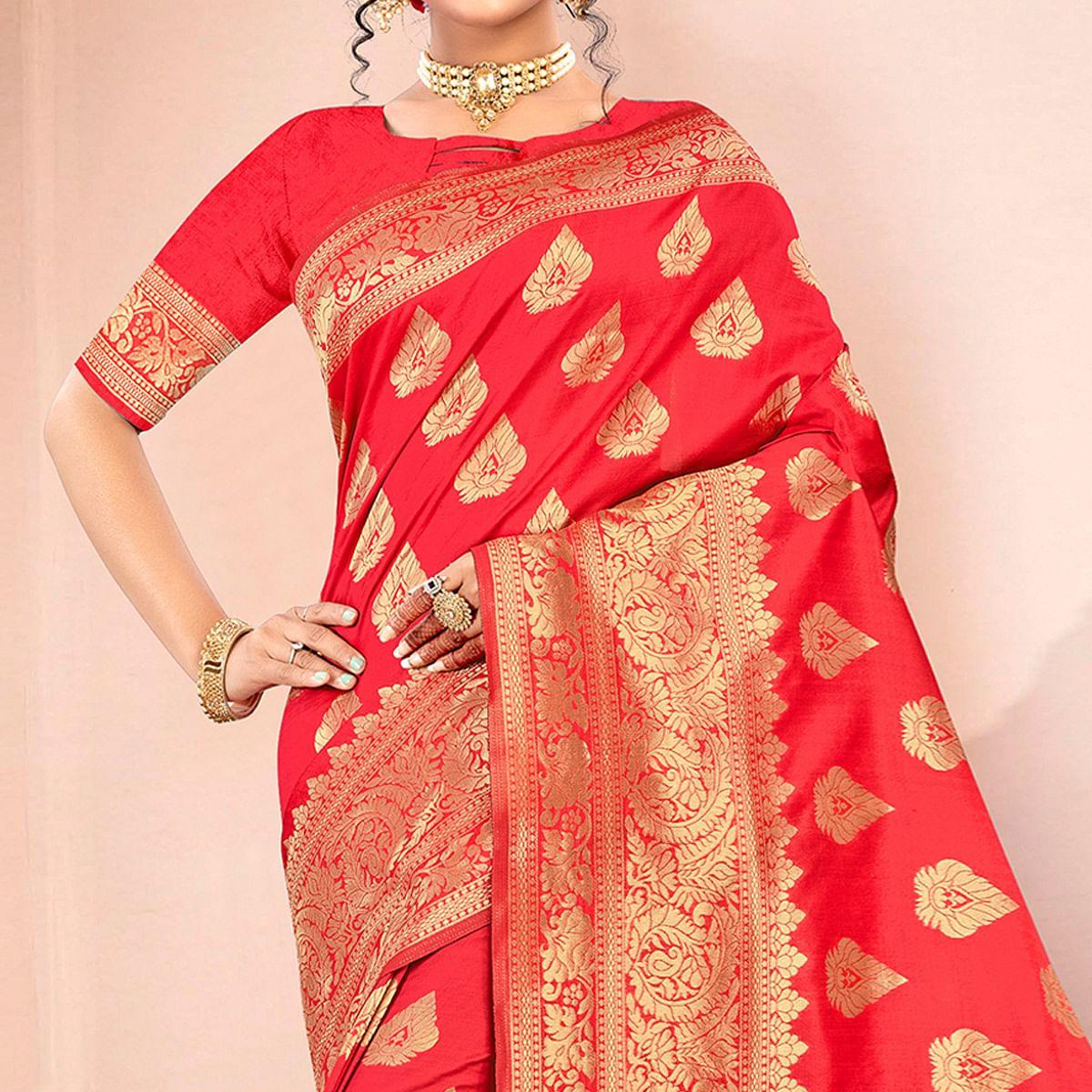 Red Festive Wear Woven Art Silk Saree - Peachmode