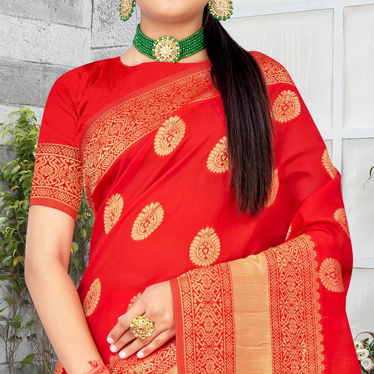 Red Festive Wear Woven Art Silk Saree - Peachmode