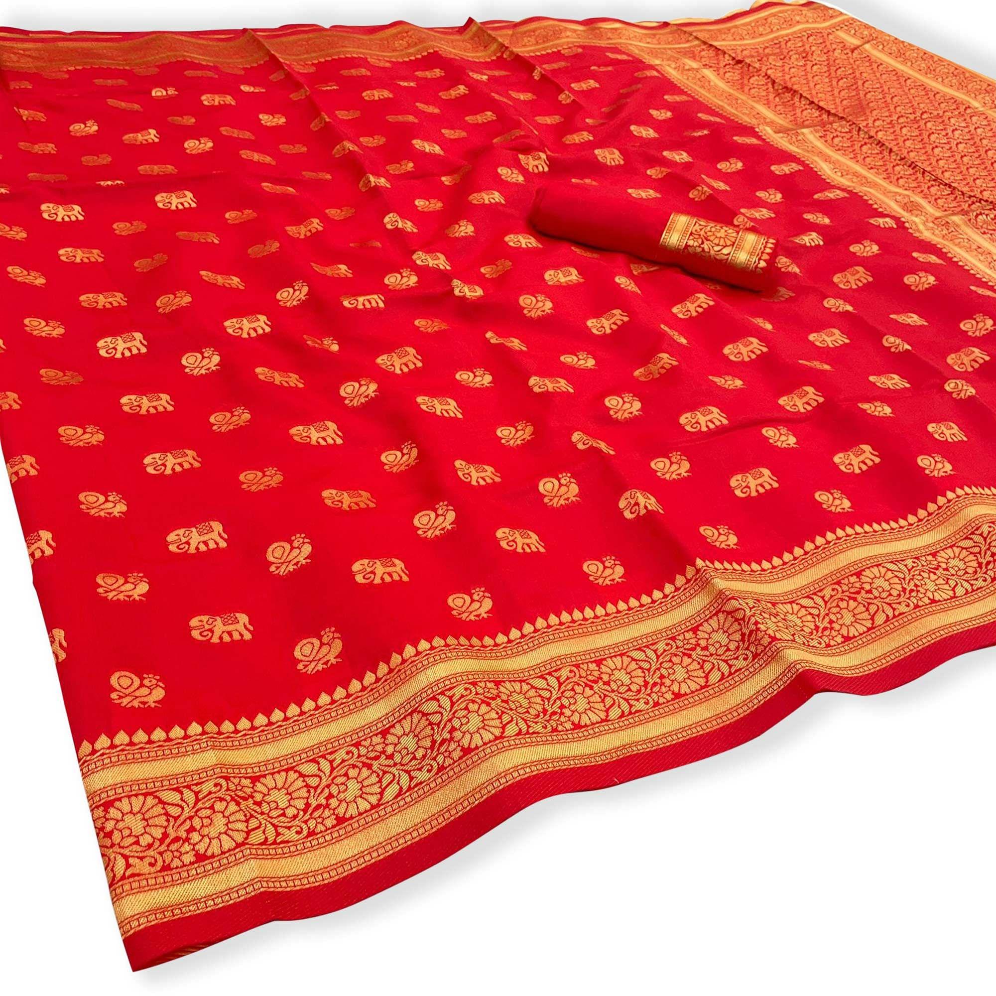 Red Festive Wear Woven Art Silk Saree - Peachmode