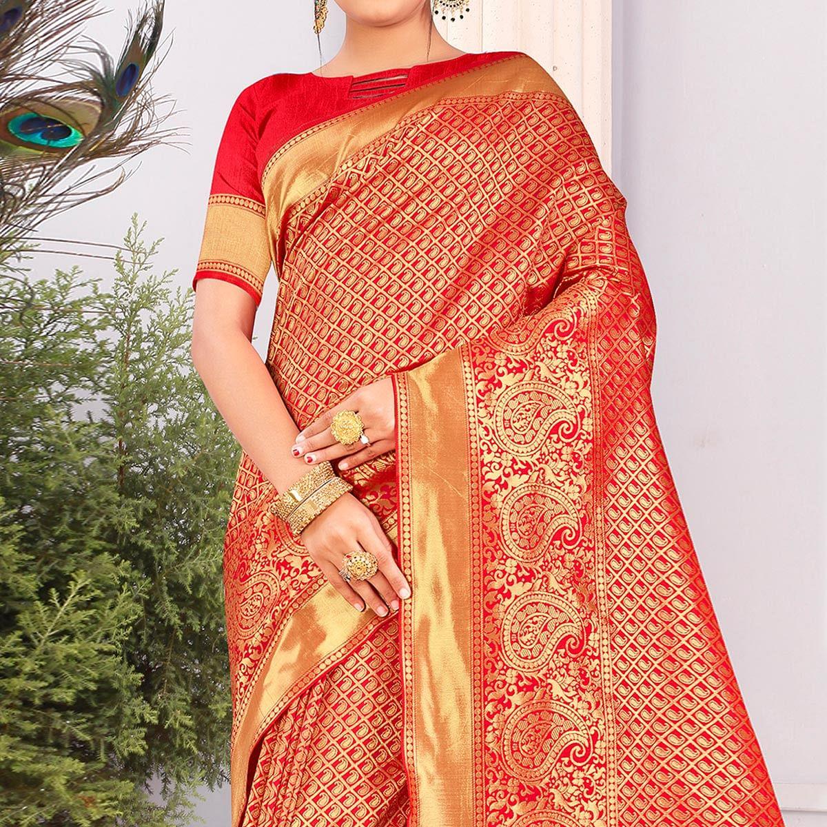 Red Festive Wear Woven Art Silk Saree - Peachmode