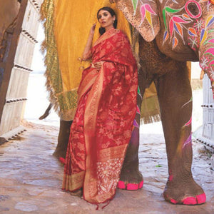 Red Festive Wear Woven Art Silk Saree With Tassels - Peachmode
