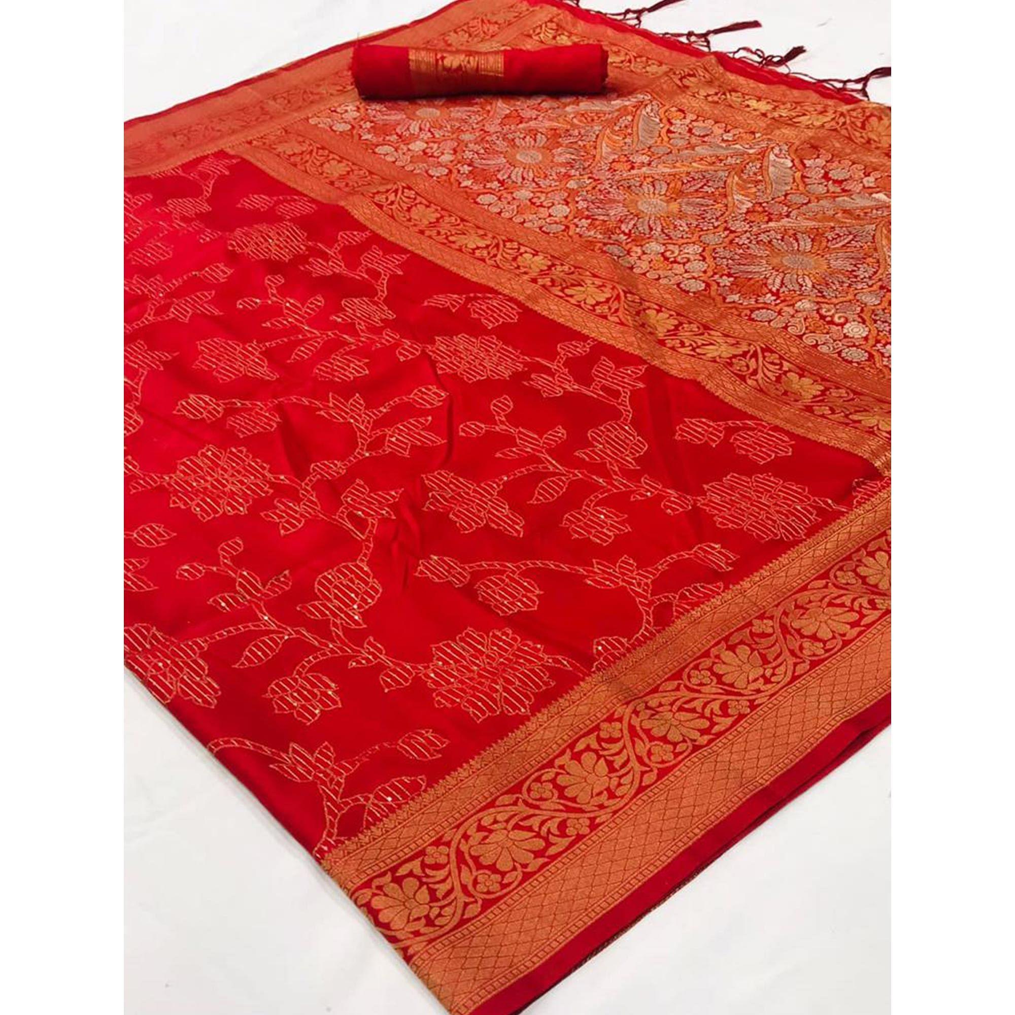 Red Festive Wear Woven Art Silk Saree With Tassels - Peachmode