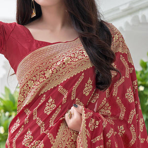 Red Festive Wear Woven Banarasi Art Silk Saree - Peachmode