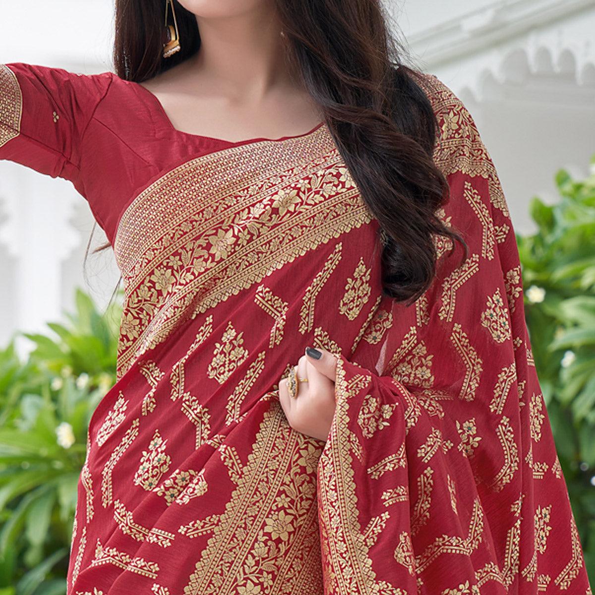 Red Festive Wear Woven Banarasi Art Silk Saree - Peachmode