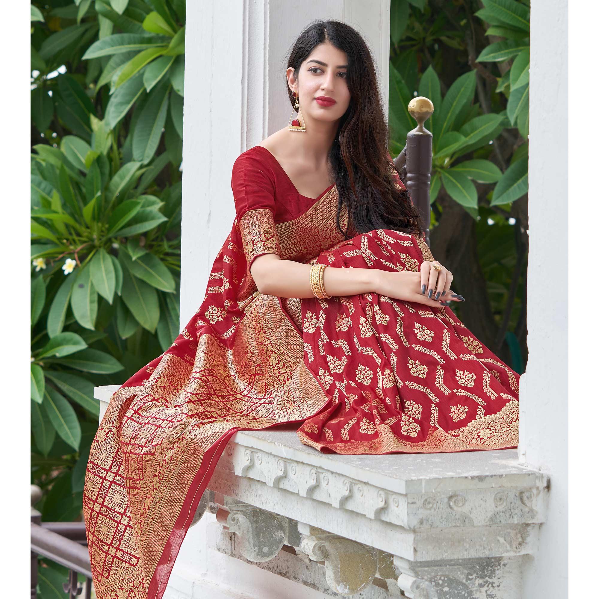Red Festive Wear Woven Banarasi Art Silk Saree - Peachmode