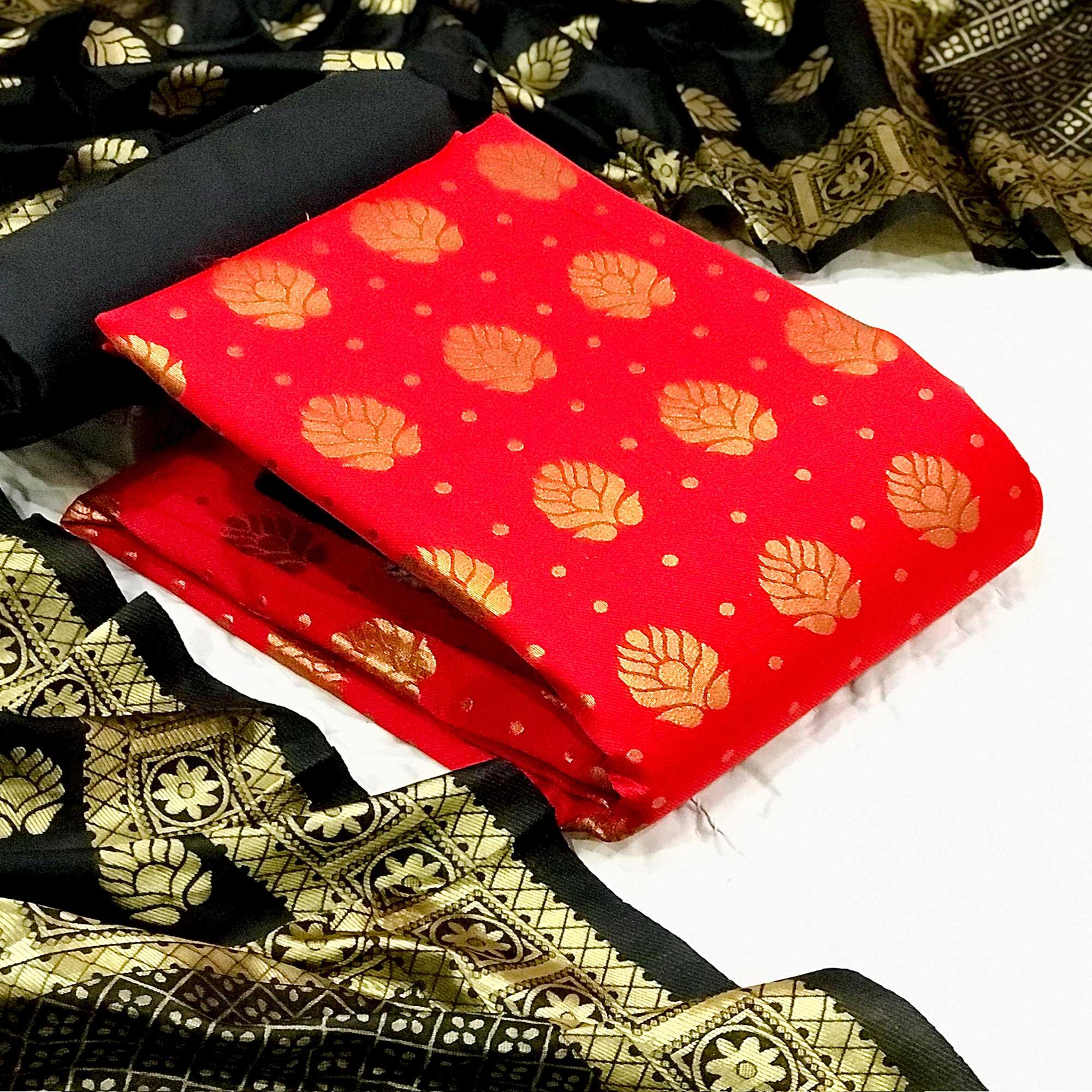 Red Festive Wear Woven Banarasi Silk Dress Material - Peachmode