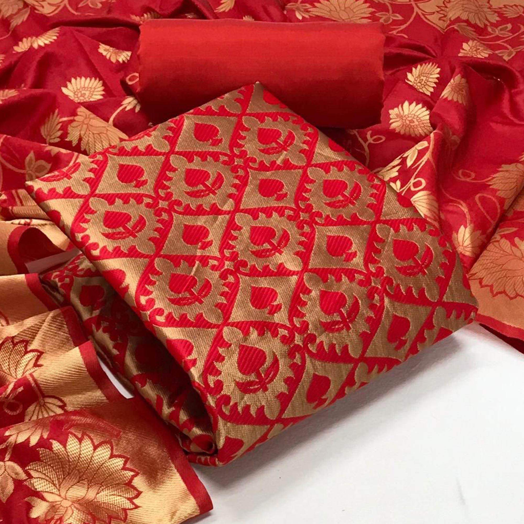 Red Festive Wear Woven Banarasi Silk Dress Material - Peachmode