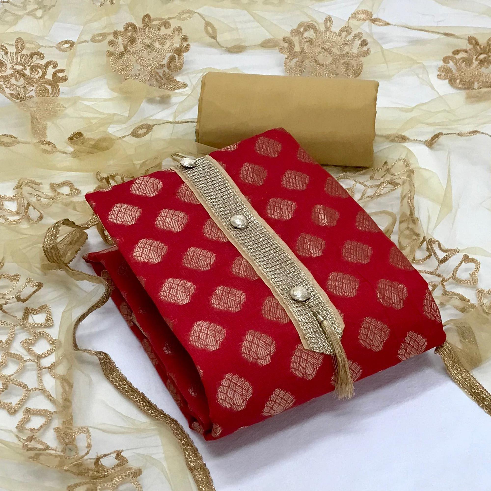 Red Festive Wear Woven Banarasi Silk Dress Material - Peachmode