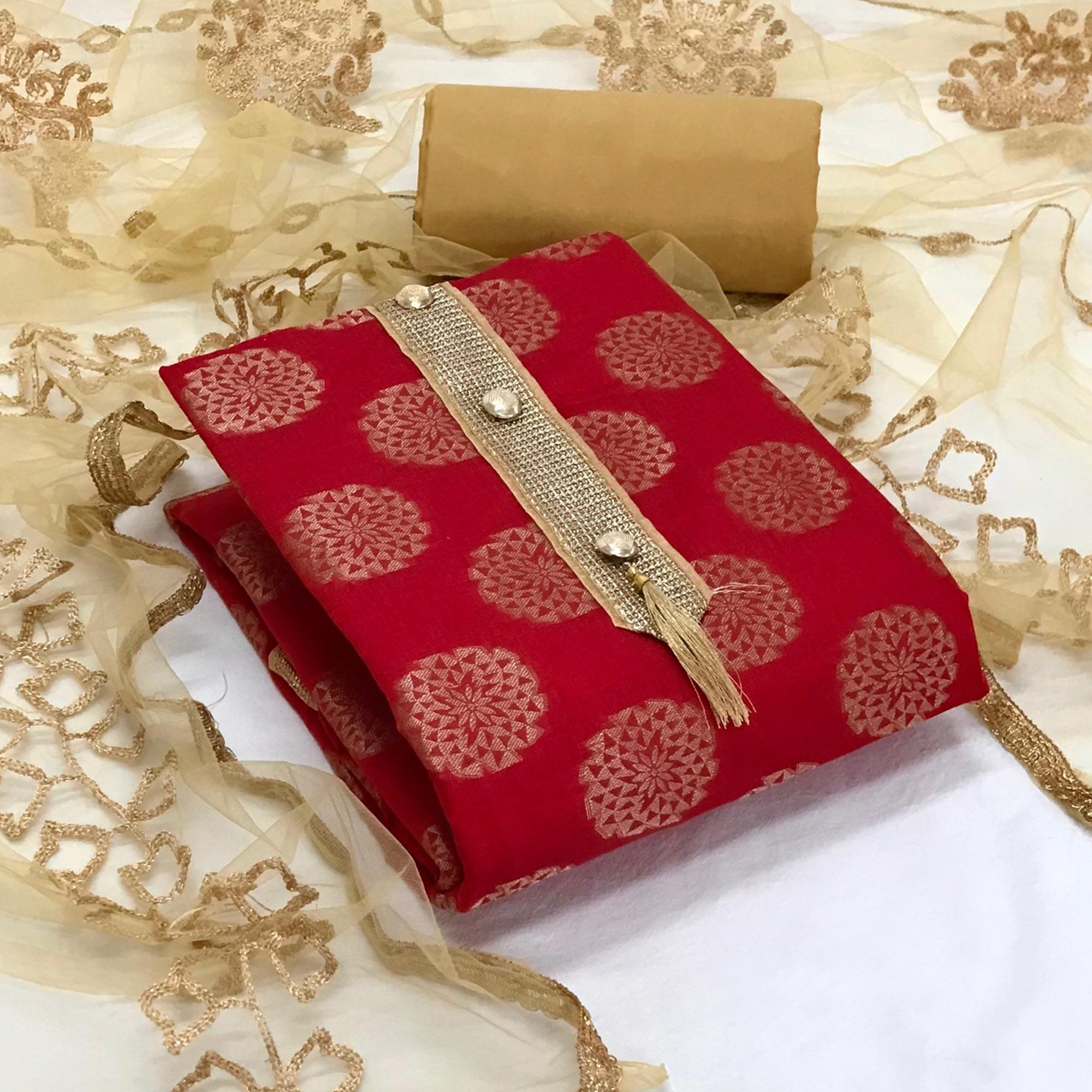 Red Festive Wear Woven Banarasi Silk Dress Material - Peachmode