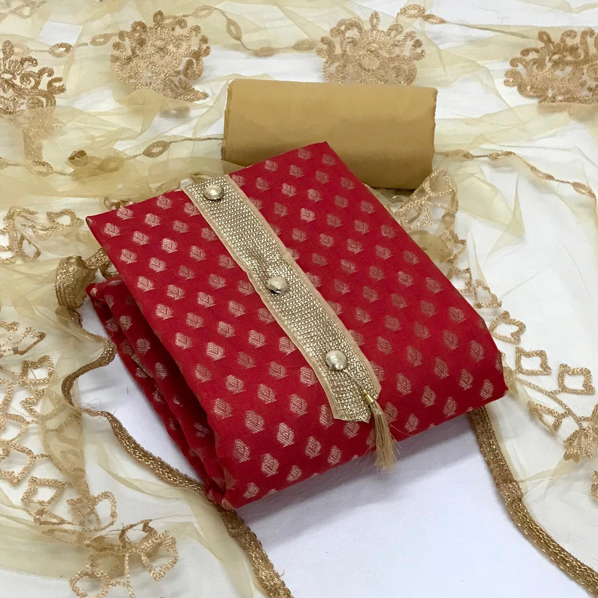 Red Festive Wear Woven Banarasi Silk Dress Material - Peachmode
