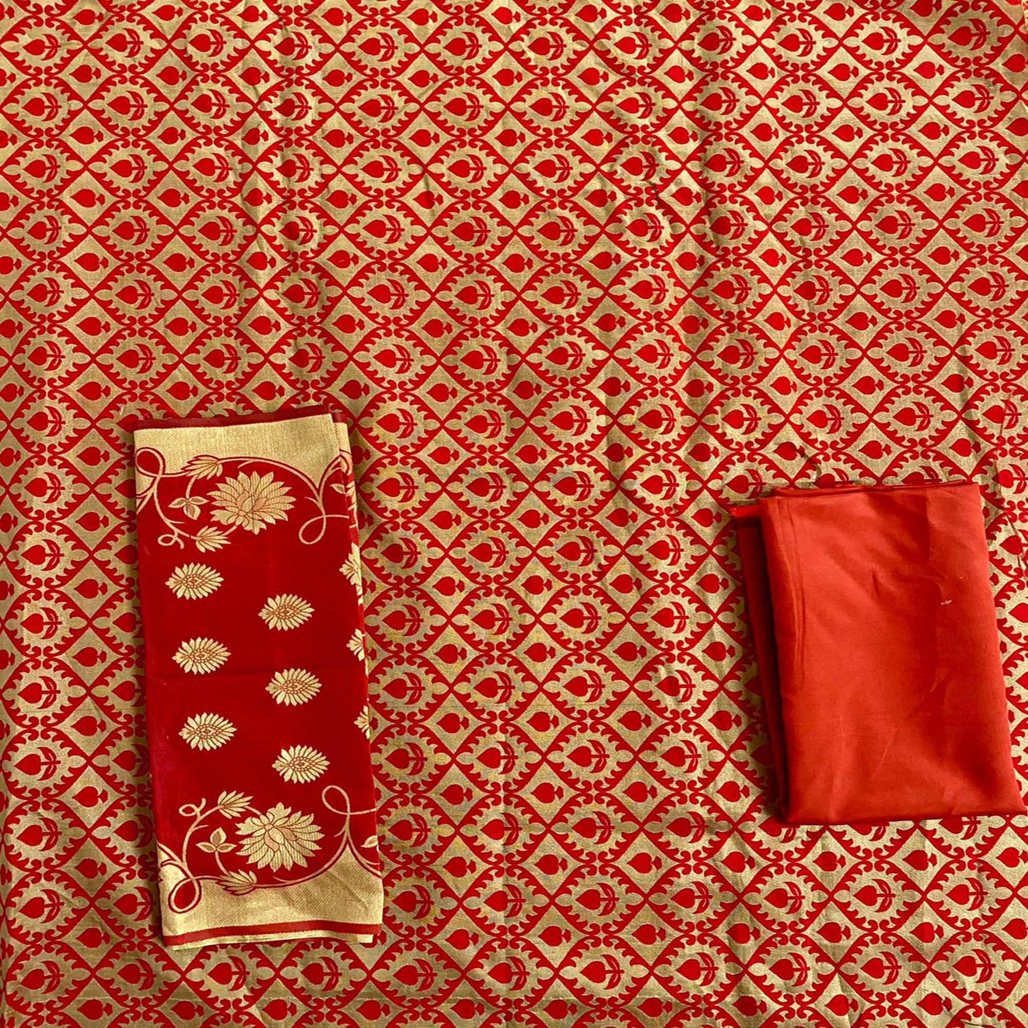 Red Festive Wear Woven Banarasi Silk Dress Material - Peachmode