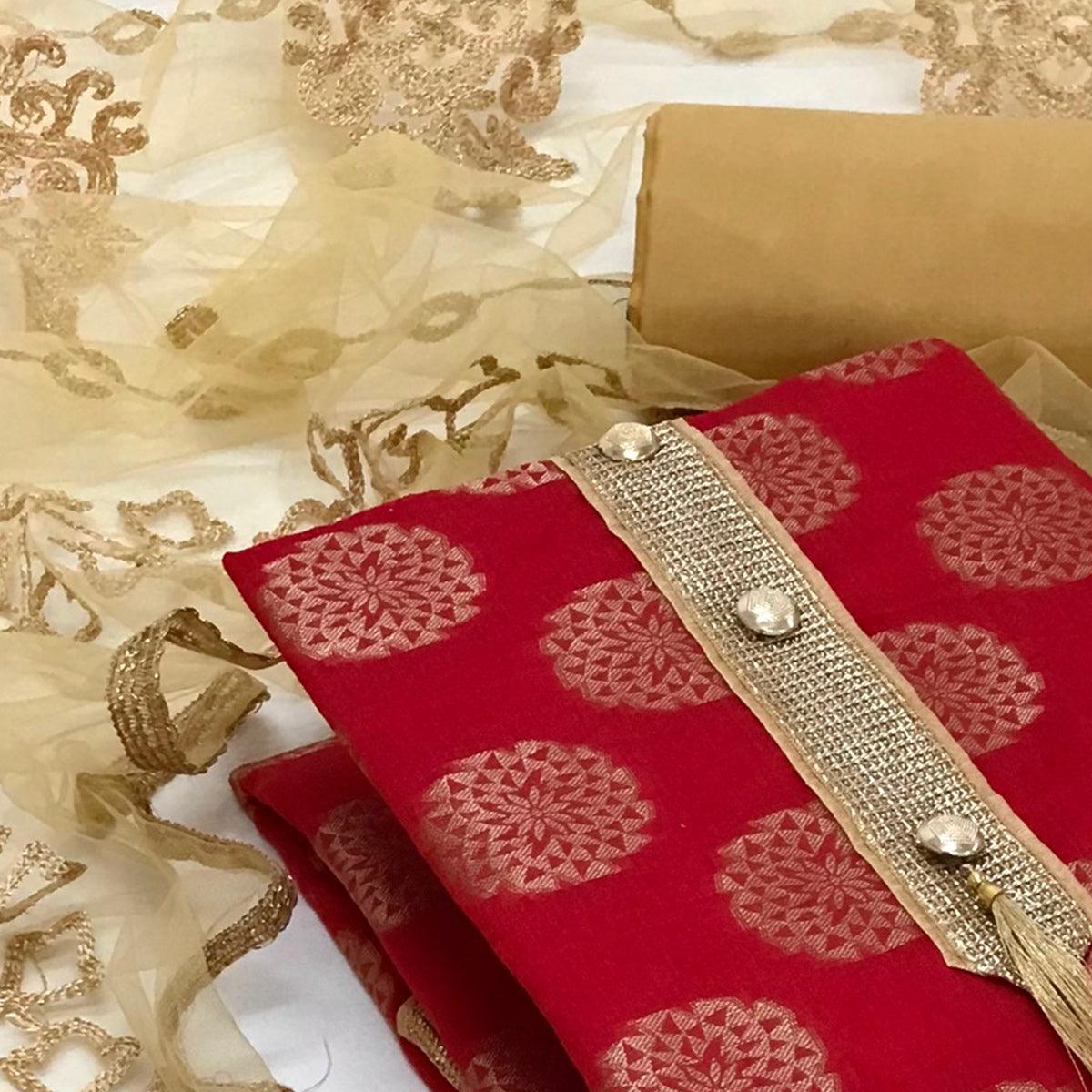 Red Festive Wear Woven Banarasi Silk Dress Material - Peachmode