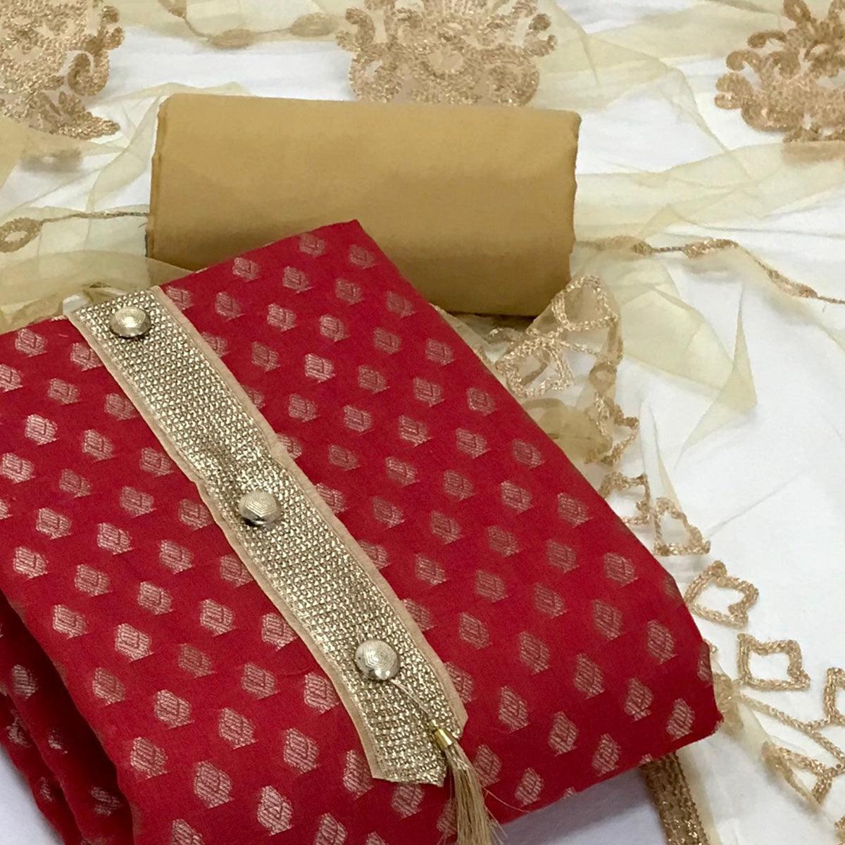 Red Festive Wear Woven Banarasi Silk Dress Material - Peachmode