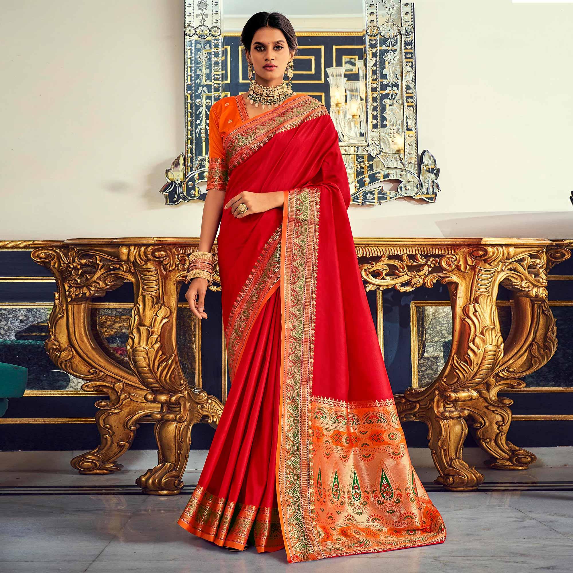 Red Festive Wear Woven Banarasi Silk Paithani Saree - Peachmode