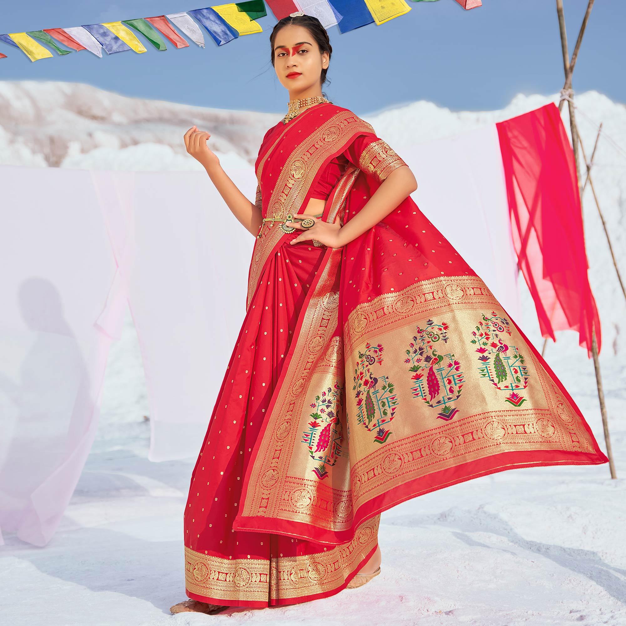 Red Festive Wear Woven Banarasi Silk Paithani Saree - Peachmode