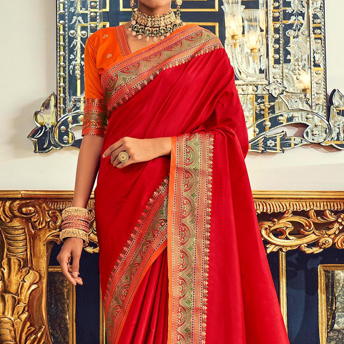 Red Festive Wear Woven Banarasi Silk Paithani Saree - Peachmode