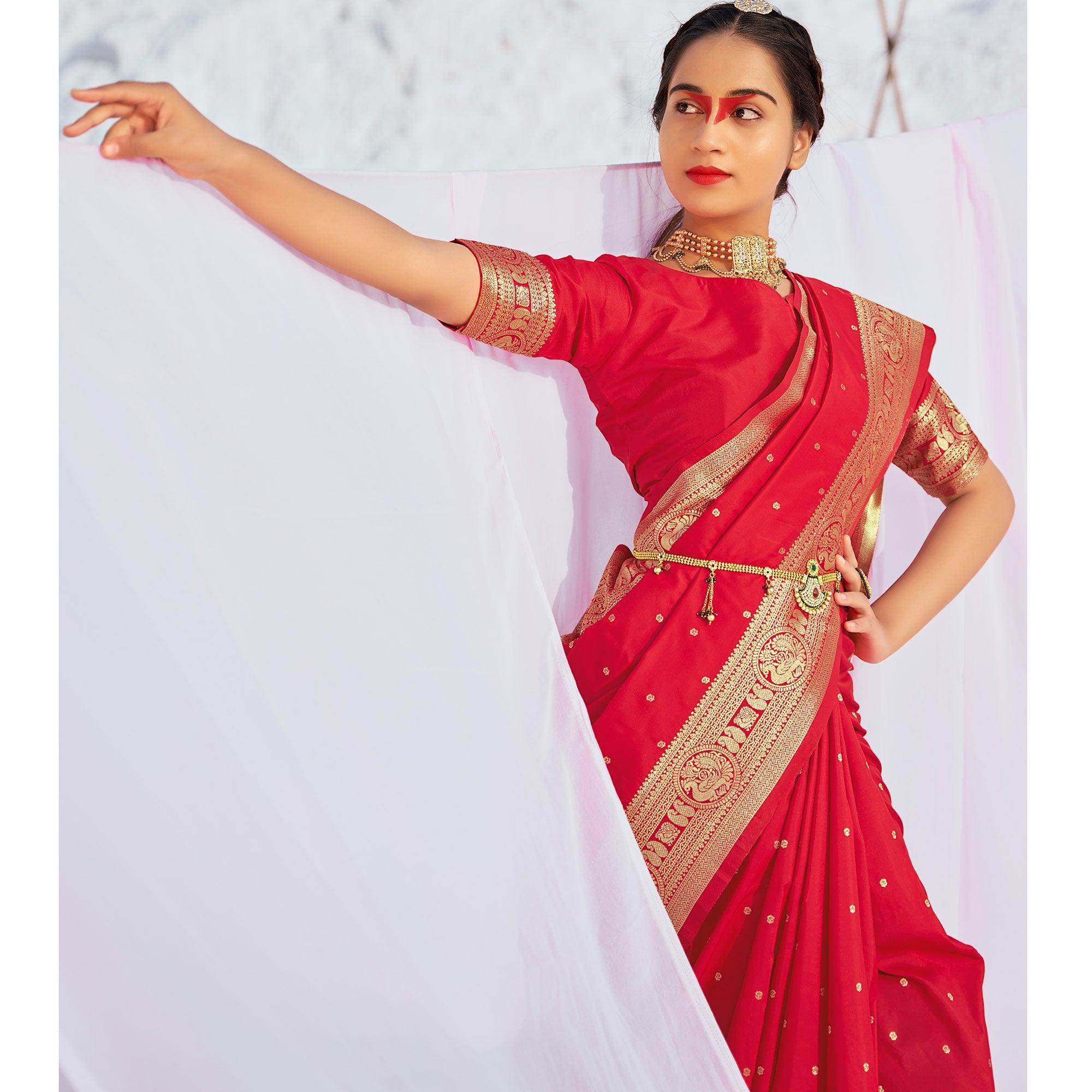 Red Festive Wear Woven Banarasi Silk Paithani Saree - Peachmode