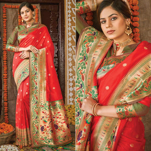 Red Festive Wear Woven Banarasi Silk Paithani Saree With Tassels - Peachmode