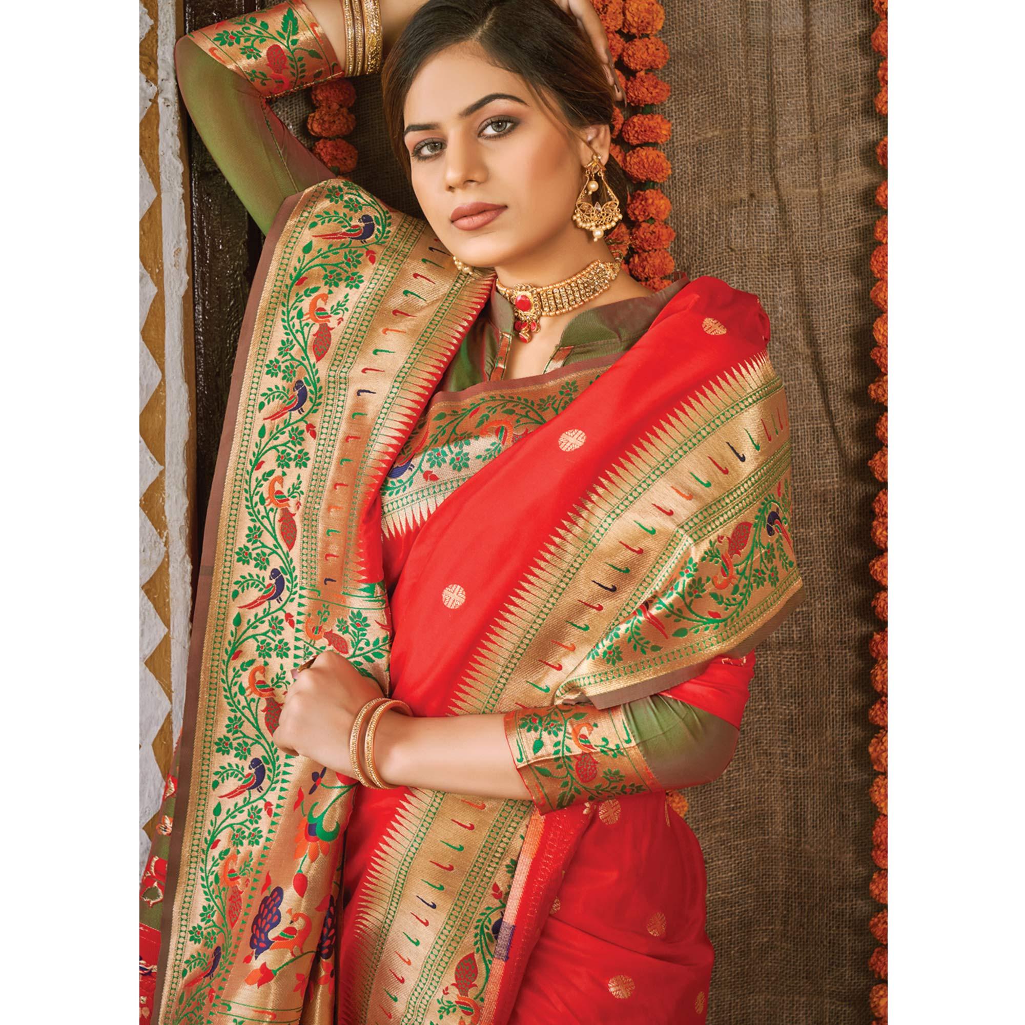 Red Festive Wear Woven Banarasi Silk Paithani Saree With Tassels - Peachmode